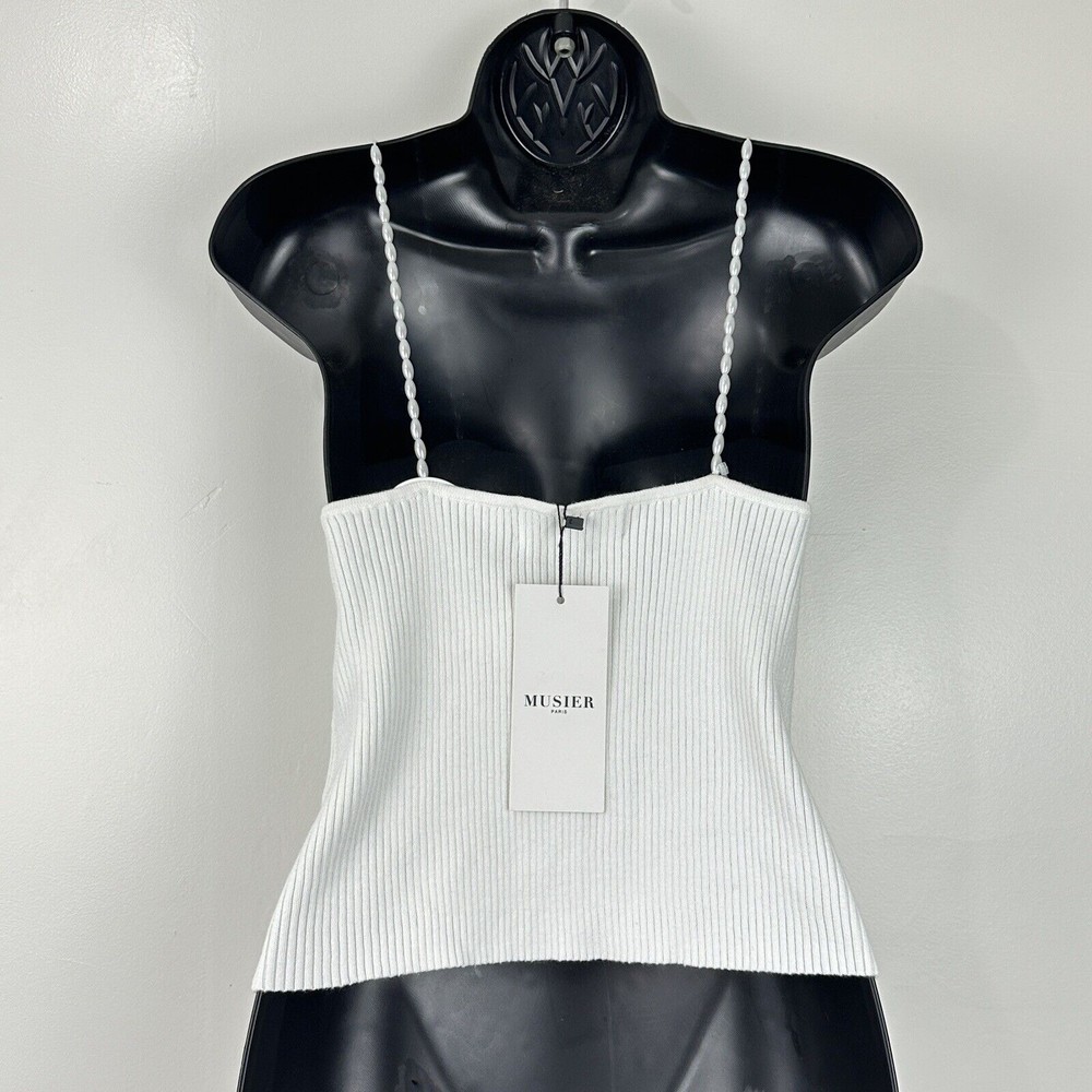 NWT Musier Paris Women's Pearls Ribbed Cropped Top Shirt Size 42 White - Picture 11 of 15